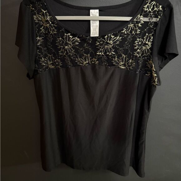 Avon MARK Gold Lace Black Short Sleeve Top Women's Size XL - Picture 2 of 6